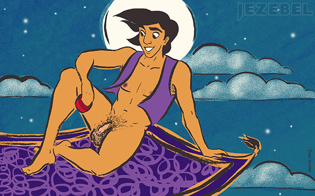 Aladdin: Da Aladdin immer eine Haremshose trägt, können seine Hoden unbegrenzt wachsen. Die sind nun groß, schwer und hängend. Sein Penis ist unerigiert, denn man muss erst daran reiben, damit sich etwas tut.
