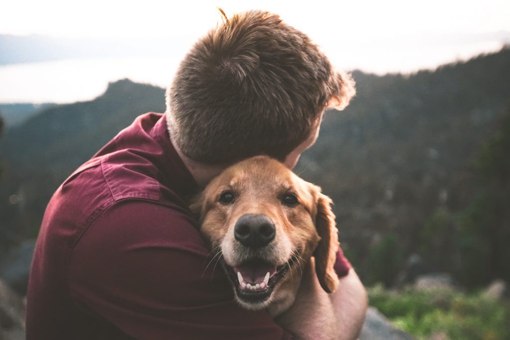 Mann kuschelt mit Hund und stirbt